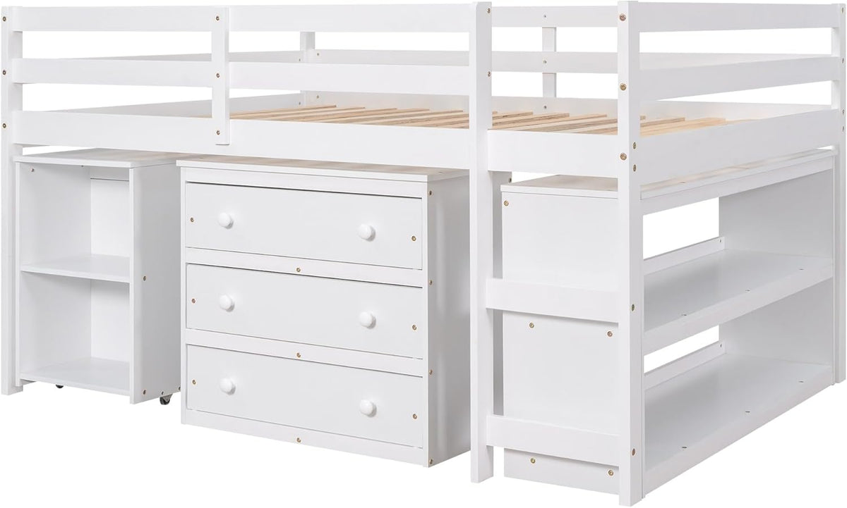 White Full Size Low Loft Bed with Cabinet Shelves and Rolling Portable Desk MDF Pine V36856