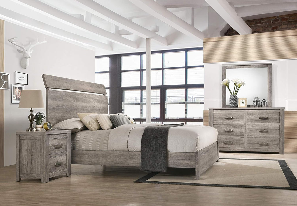 Weathered Gray Wood Queen Panel Bed, Dresser, Mirror, Nightstand, Chest M2510