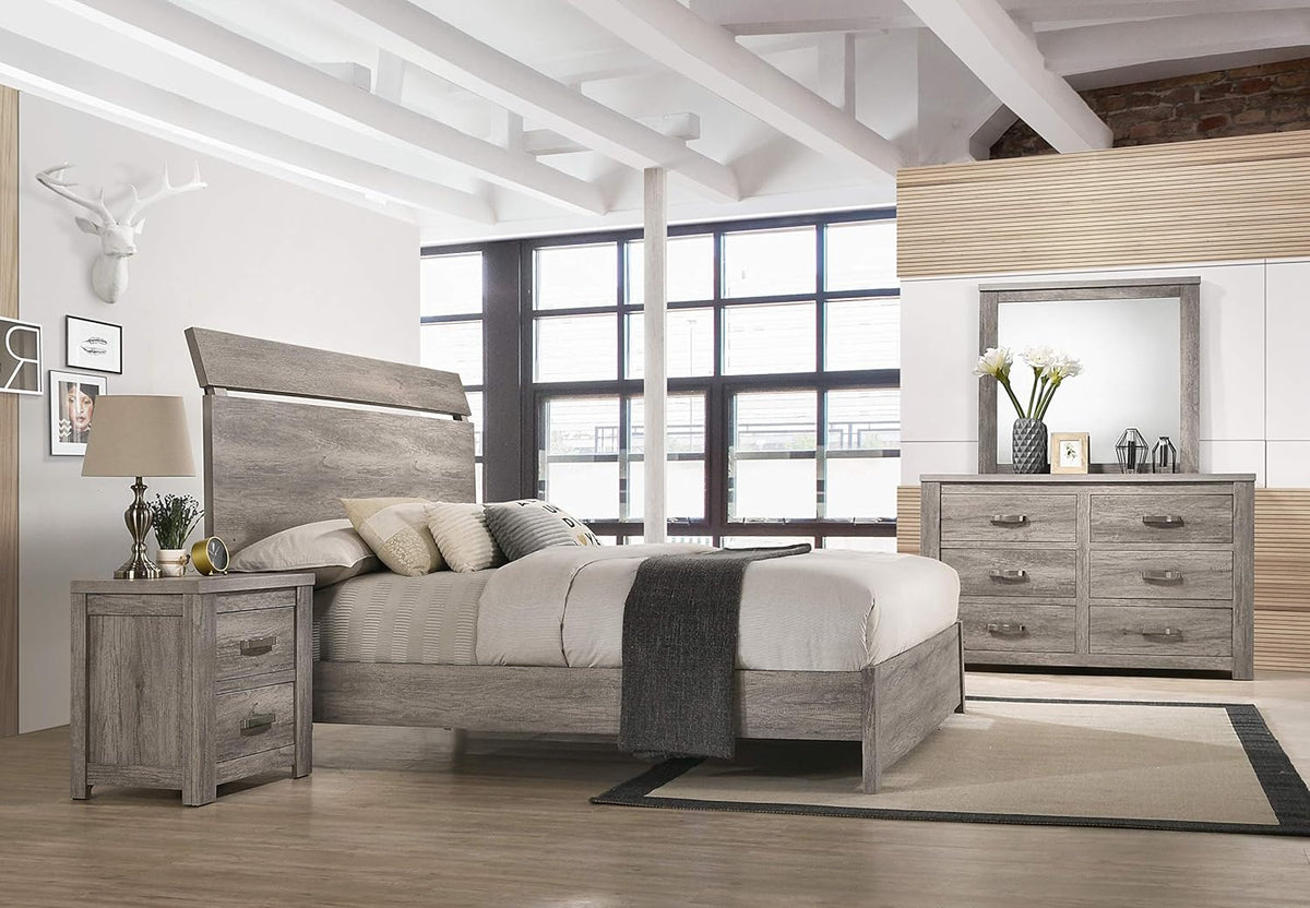 Weathered Gray Wood Queen Panel Bed, Dresser, Mirror, Nightstand, Chest M2510