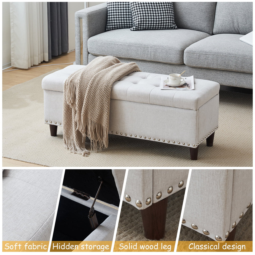 Off-White Linen Upholstered Storage Bench A228404