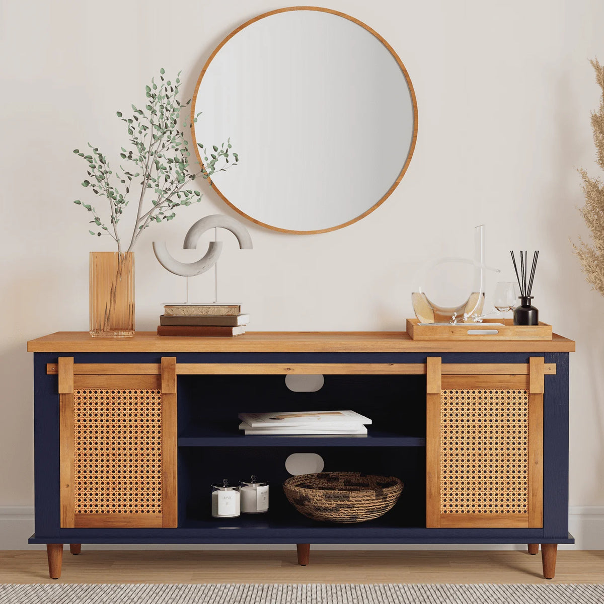Solid Wood TV Stand 2 Sliding Rattan Doors Navy Blue G307607