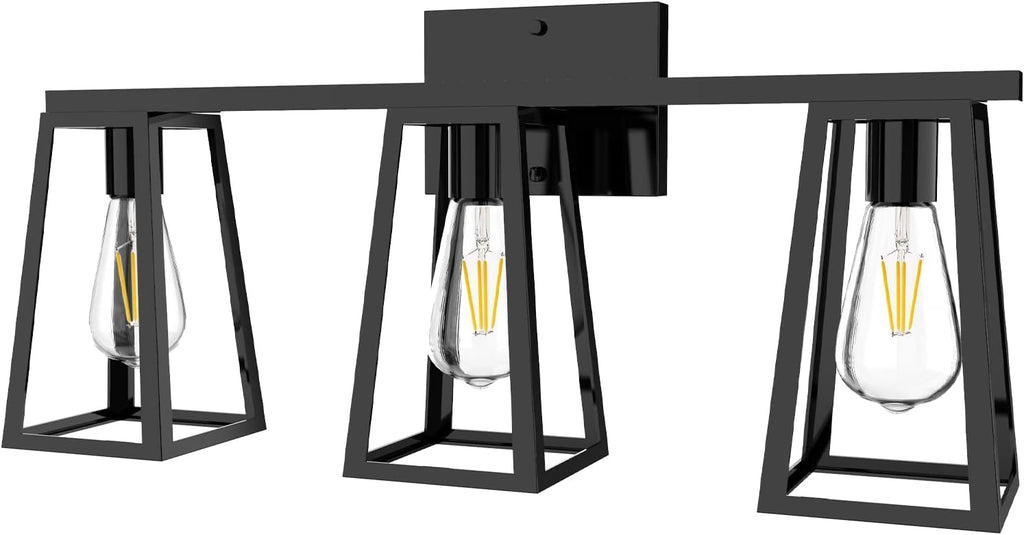 3-Light Matte Black Retro Vanity Light with Amber Glass LED Bulbs I33812