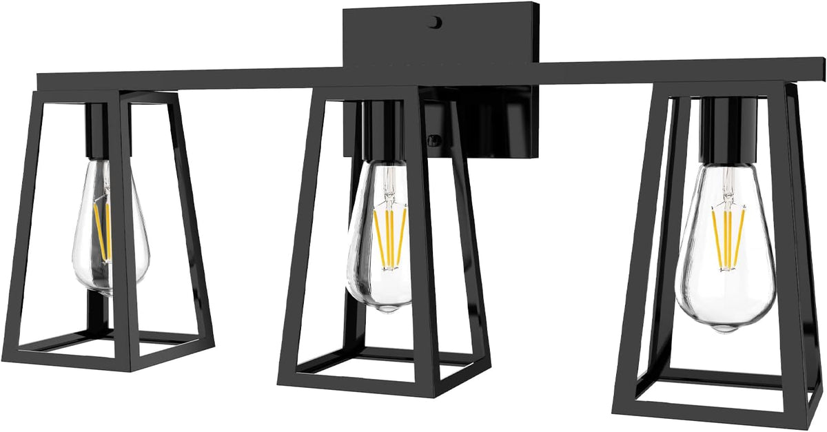 3-Light Matte Black Retro Vanity Light with Amber Glass LED Bulbs I33812