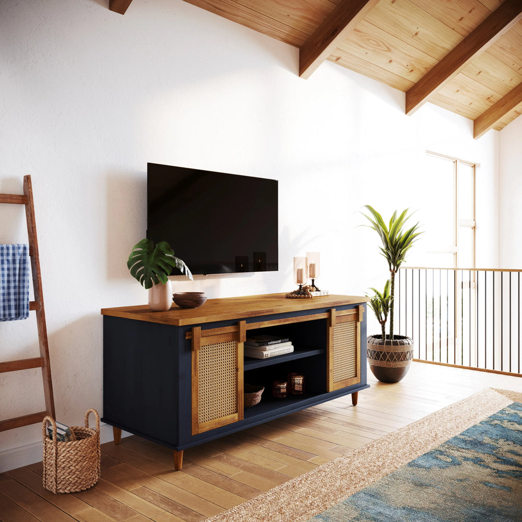 Solid Wood TV Stand 2 Sliding Rattan Doors Navy Blue G307607