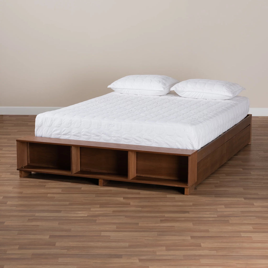 Ash Walnut Brown Wood Full Size Platform Bed with Built-In Shelves U5322