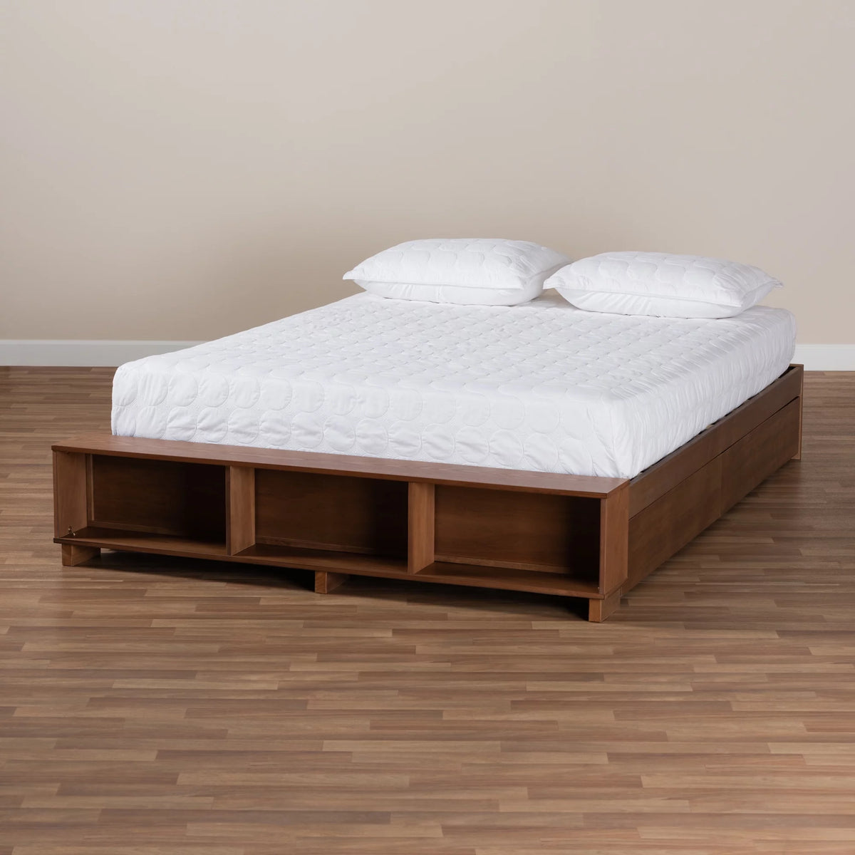Ash Walnut Brown Wood Full Size Platform Bed with Built-In Shelves U5322