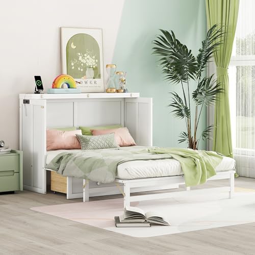 White Full Size Murphy Bed with Charging Station and Drawers R963