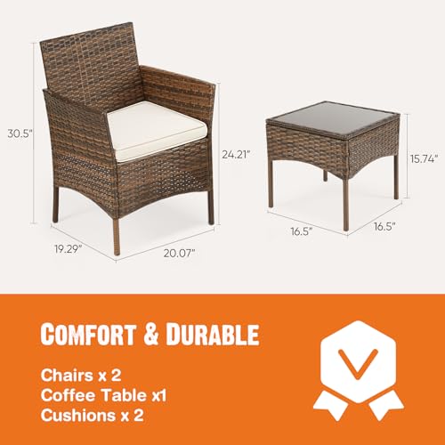 3 Pieces Wicker Rattan Patio Furniture Set with Cushion and Glass Table C2733