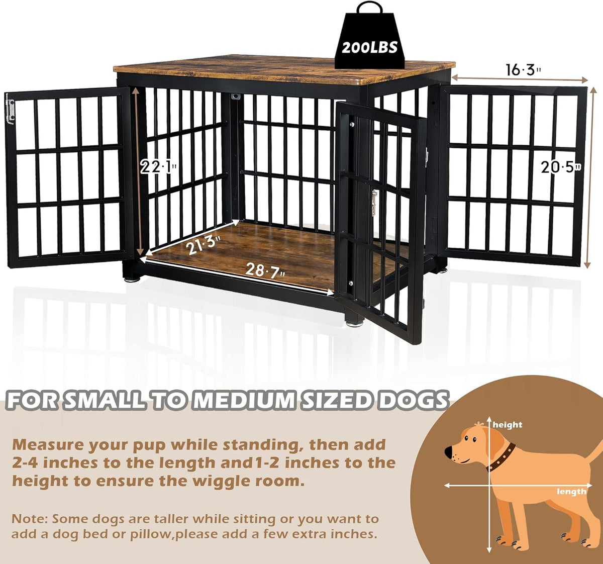 Rustic Brown and Black Wood Dog Crate with Double Doors Z4890