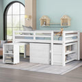 White Full Size Low Loft Bed with Cabinet Shelves and Rolling Portable Desk MDF Pine V36856