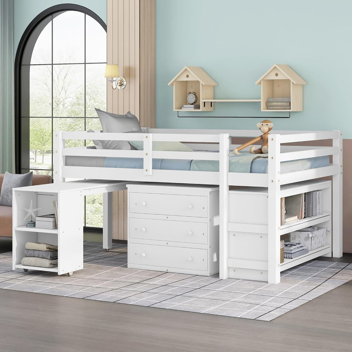 White Full Size Low Loft Bed with Cabinet Shelves and Rolling Portable Desk MDF Pine V36856