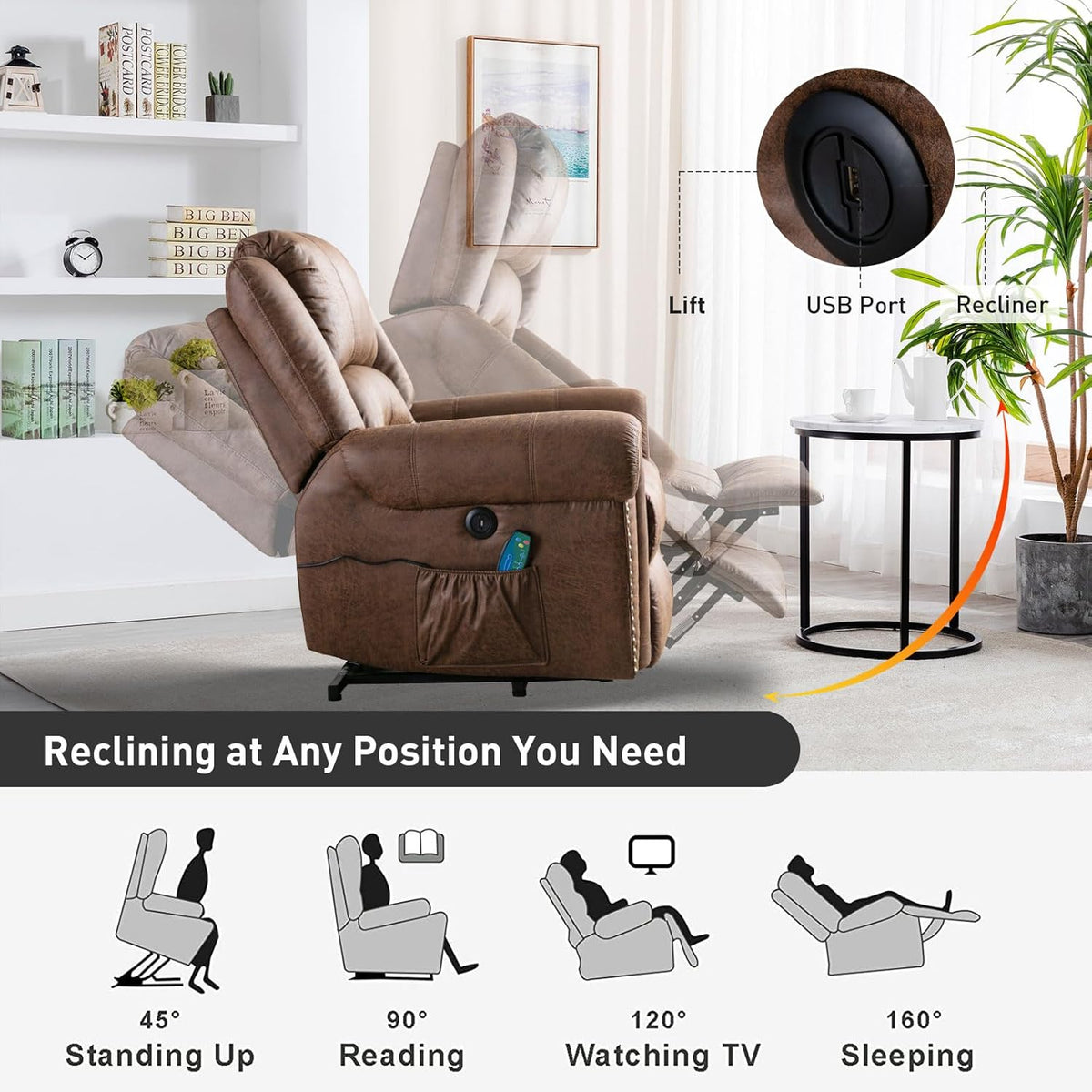 Brown Leather Oversized Power Lift Reclining Sofa D764
