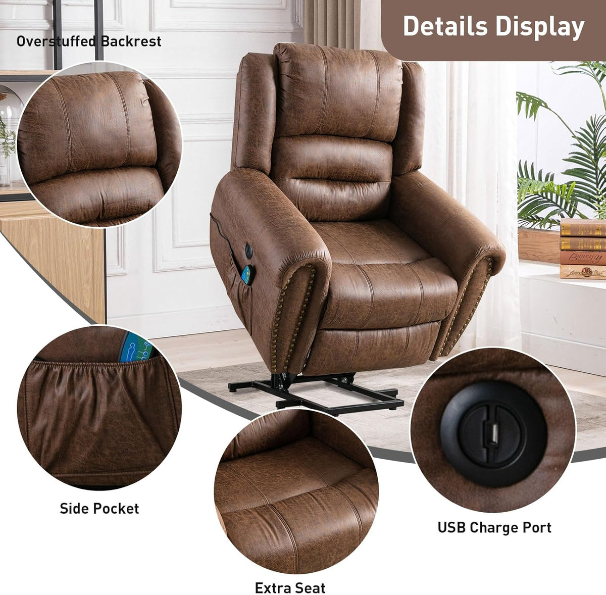 Brown Leather Oversized Power Lift Reclining Sofa D764