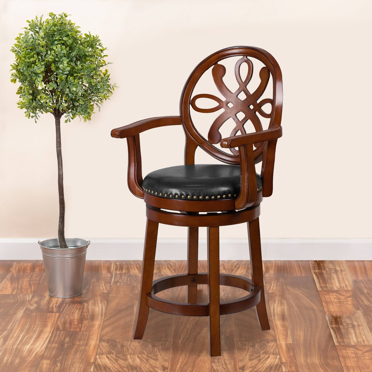 26" High Wood Counter Height Stool with Arms and Black Leather Swivel Seat D624056