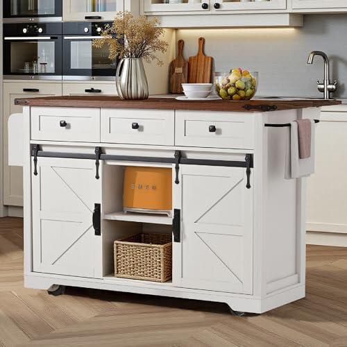 White Farmhouse Kitchen Island with Power Outlet, 2 Sliding Barn Door Storage, Drop Leaf, 3 Drawers, Rolling Cart on Wheels V55032
