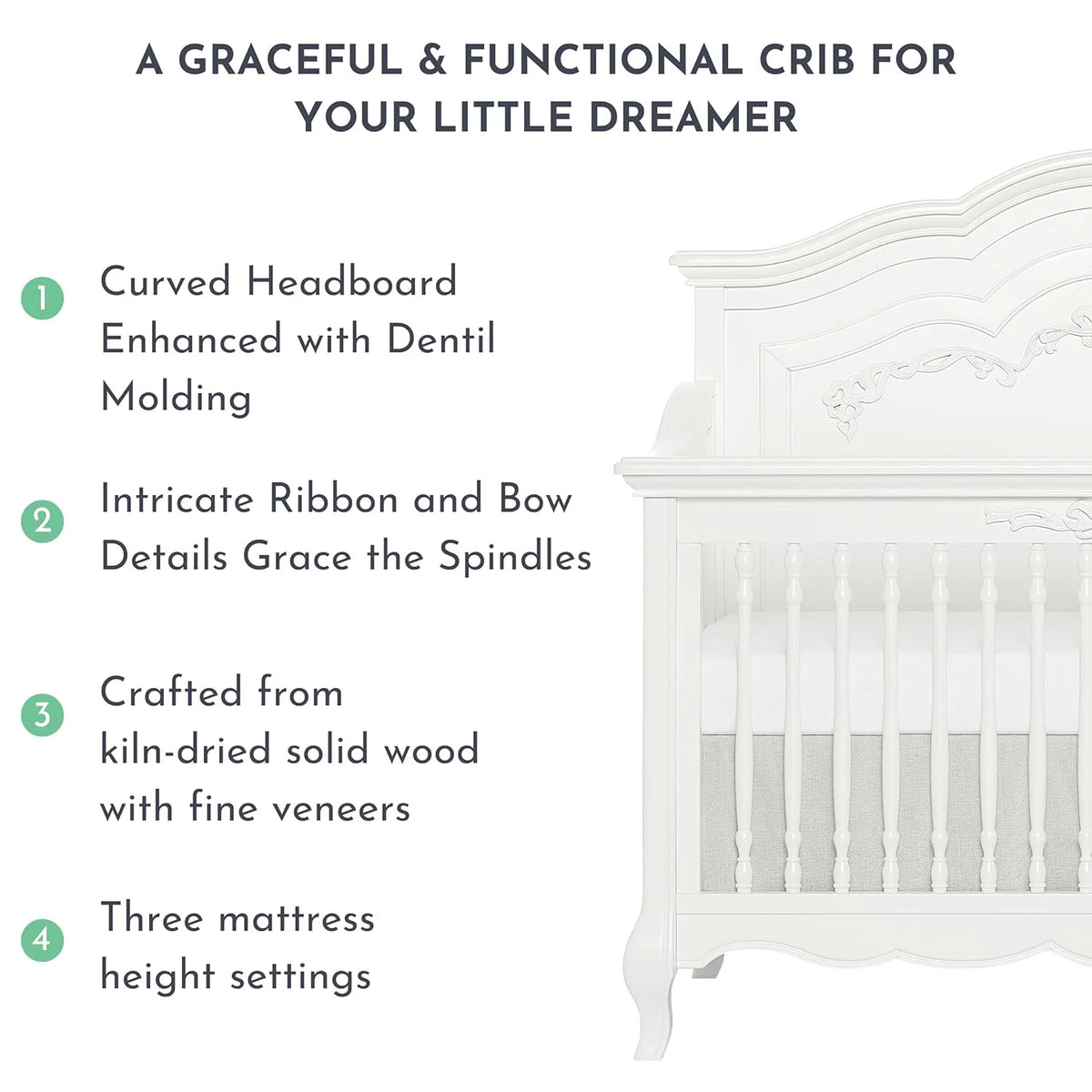 5-in-1 Convertible Crib in Frost, Greenguard Gold Certified, Wooden Baby Crib O129