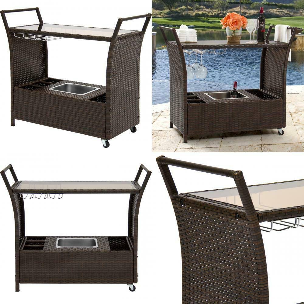 Rolling Wicker Bar Cart with Ice Bucket Y227