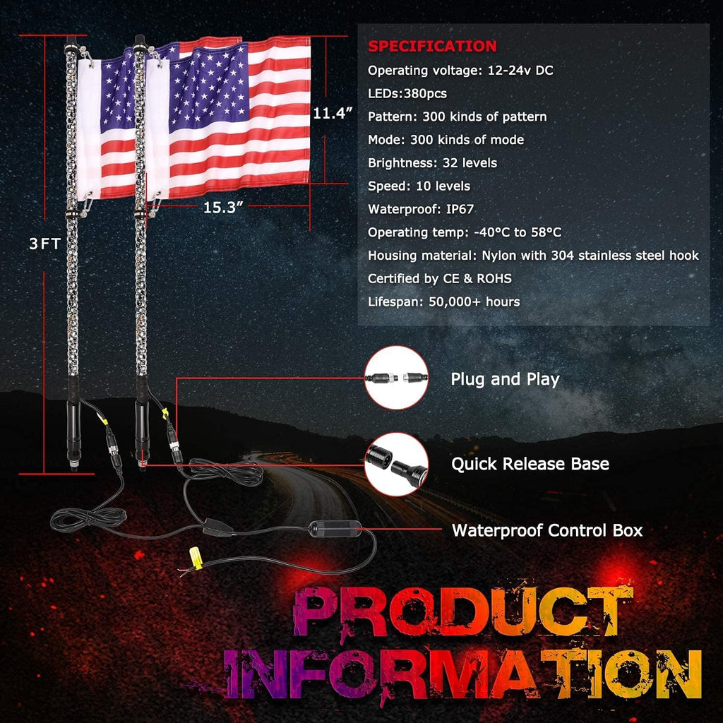 2PCS 3FT RGB LED Whip Lights with Spring Base RF Remote Controlled I648145