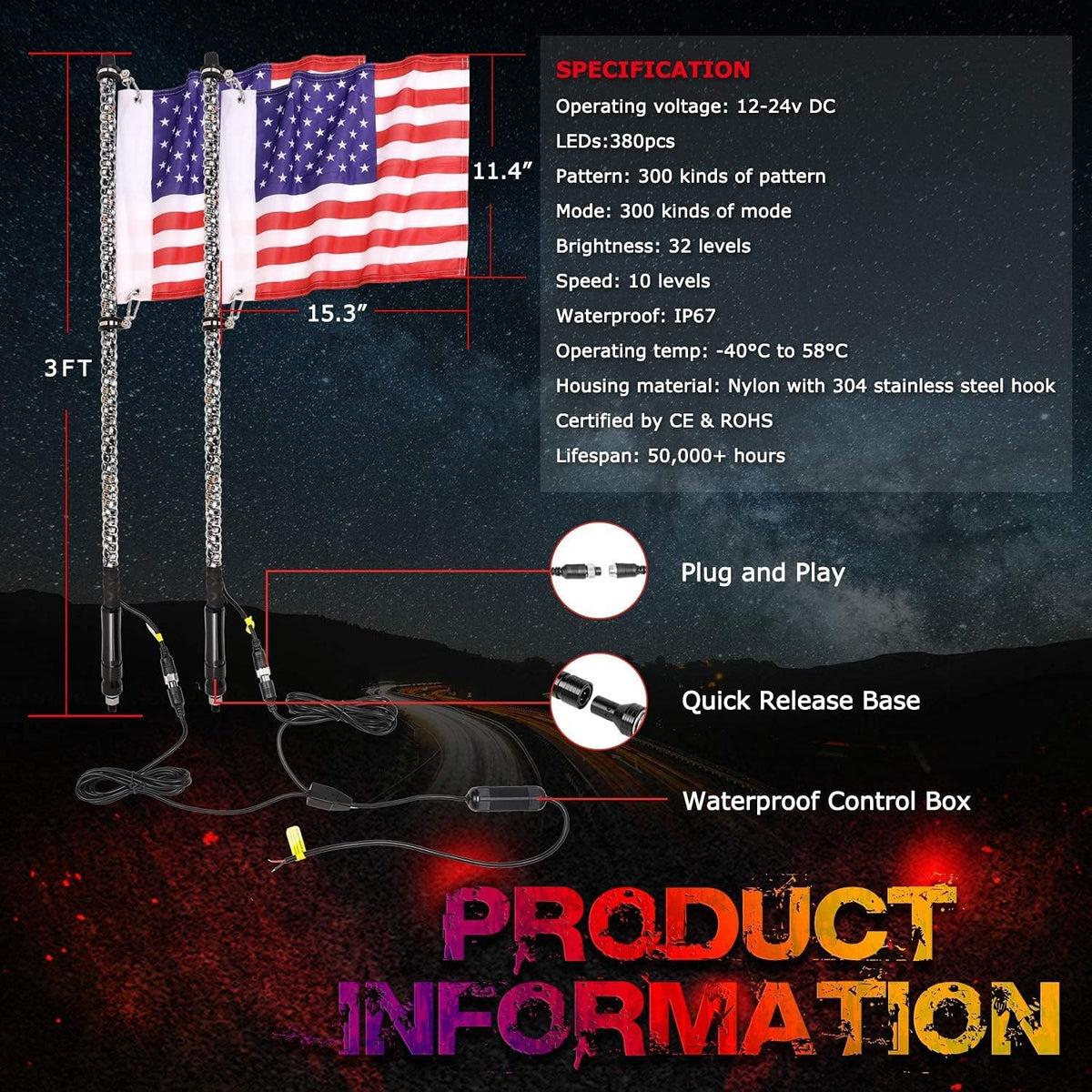 2PCS 3FT RGB LED Whip Lights with Spring Base RF Remote Controlled I648145