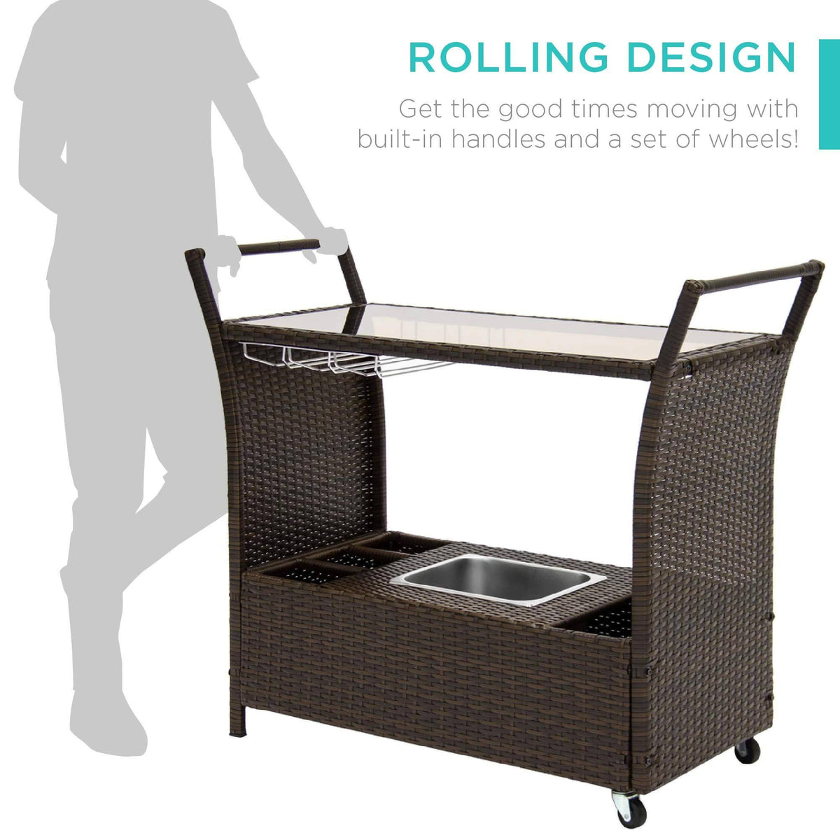 Rolling Wicker Bar Cart with Ice Bucket Y227