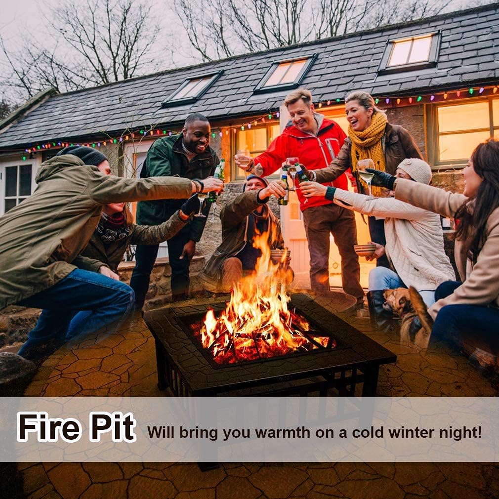 32 Metal Square Wood Burning Fire Pit with Charcoal Rack H32149