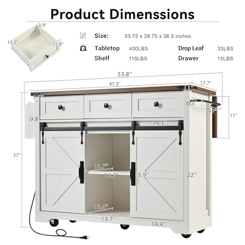 White Farmhouse Kitchen Island with Power Outlet, 2 Sliding Barn Door Storage, Drop Leaf, 3 Drawers, Rolling Cart on Wheels V55032