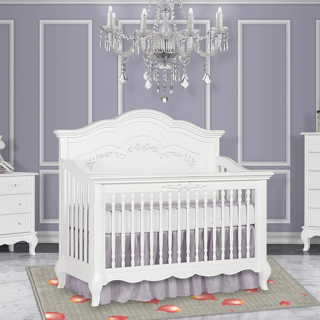 5-in-1 Convertible Crib in Frost, Greenguard Gold Certified, Wooden Baby Crib O129