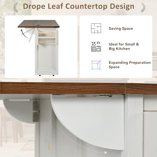 White Farmhouse Kitchen Island with Power Outlet, 2 Sliding Barn Door Storage, Drop Leaf, 3 Drawers, Rolling Cart on Wheels V55032