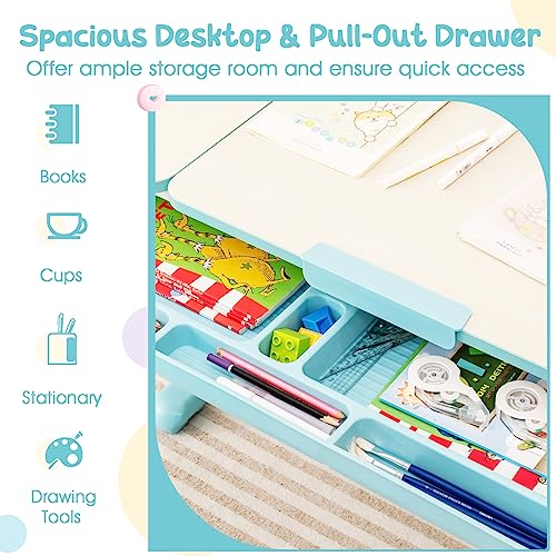 Pink Height-Adjustable Kids Desk and Chair Set with Tiltable Desktop J153214