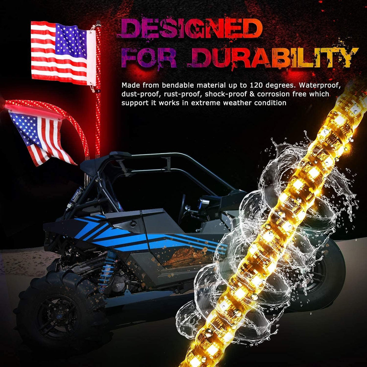 2PCS 3FT RGB LED Whip Lights with Spring Base RF Remote Controlled I648145