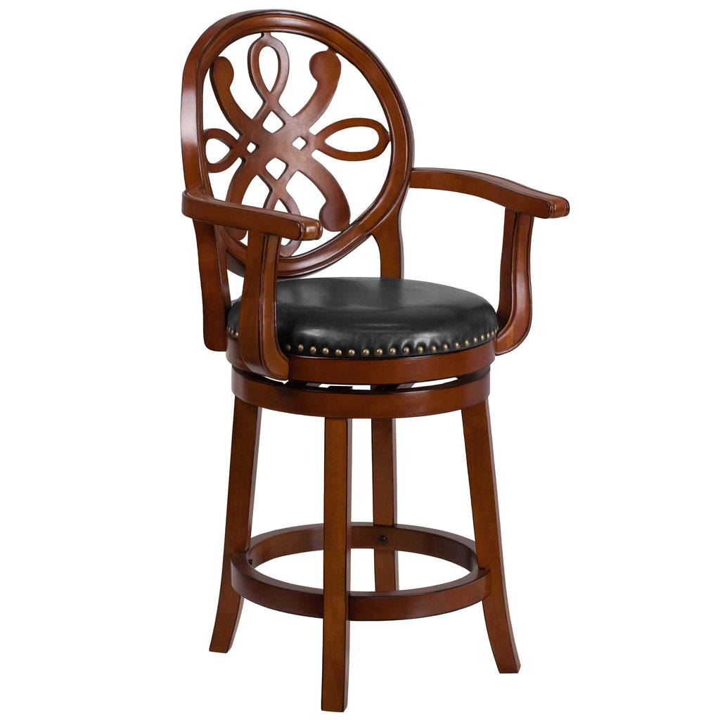 26" High Wood Counter Height Stool with Arms and Black Leather Swivel Seat D624056