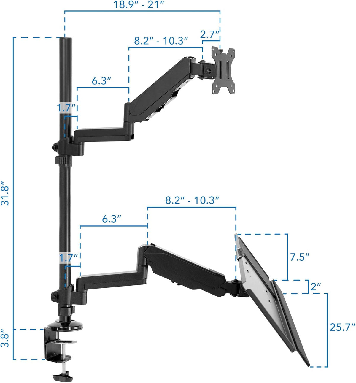 Black Height Adjustable Monitor Desk Mount with Keyboard Tray Z883