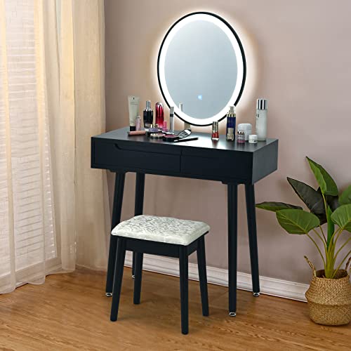 White Vanity Set with Touch Mirror, Cushioned Stool, 2 Sliding Drawers S184521