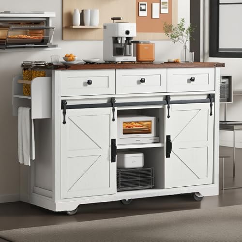 White Farmhouse Kitchen Island with Power Outlet, 2 Sliding Barn Door Storage, Drop Leaf, 3 Drawers, Rolling Cart on Wheels V55032