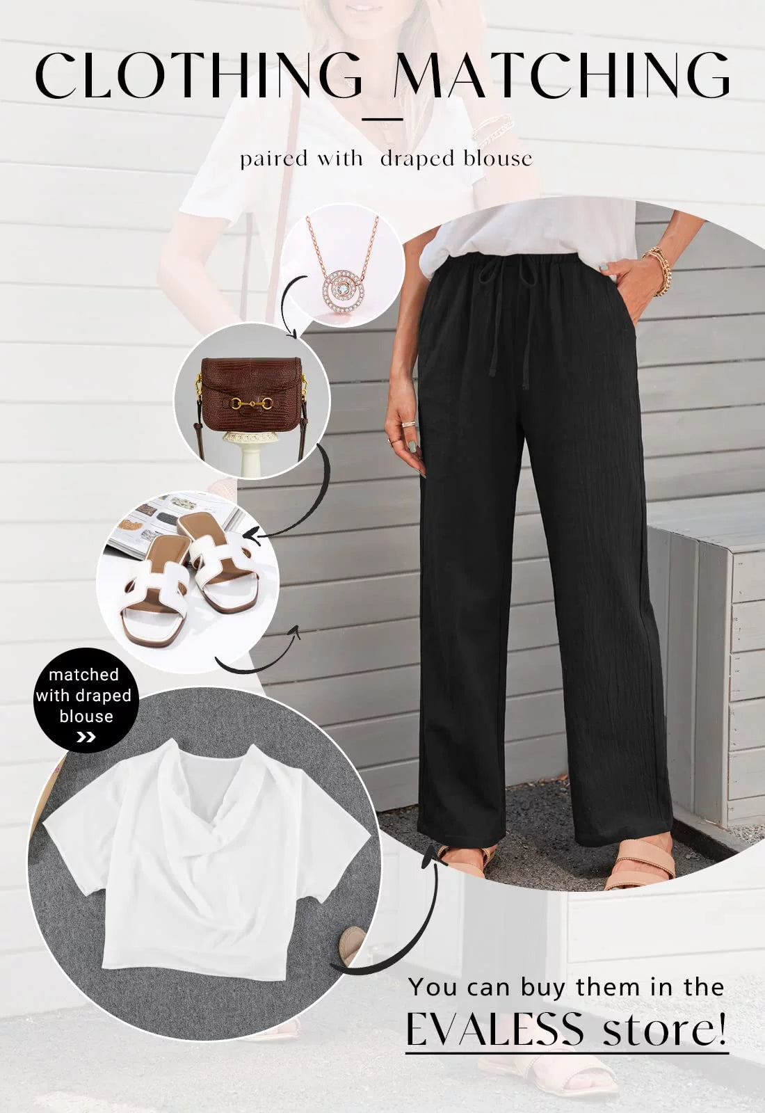 Black Linen Straight Leg Elastic Waist Pants with Pockets 2XL F9627