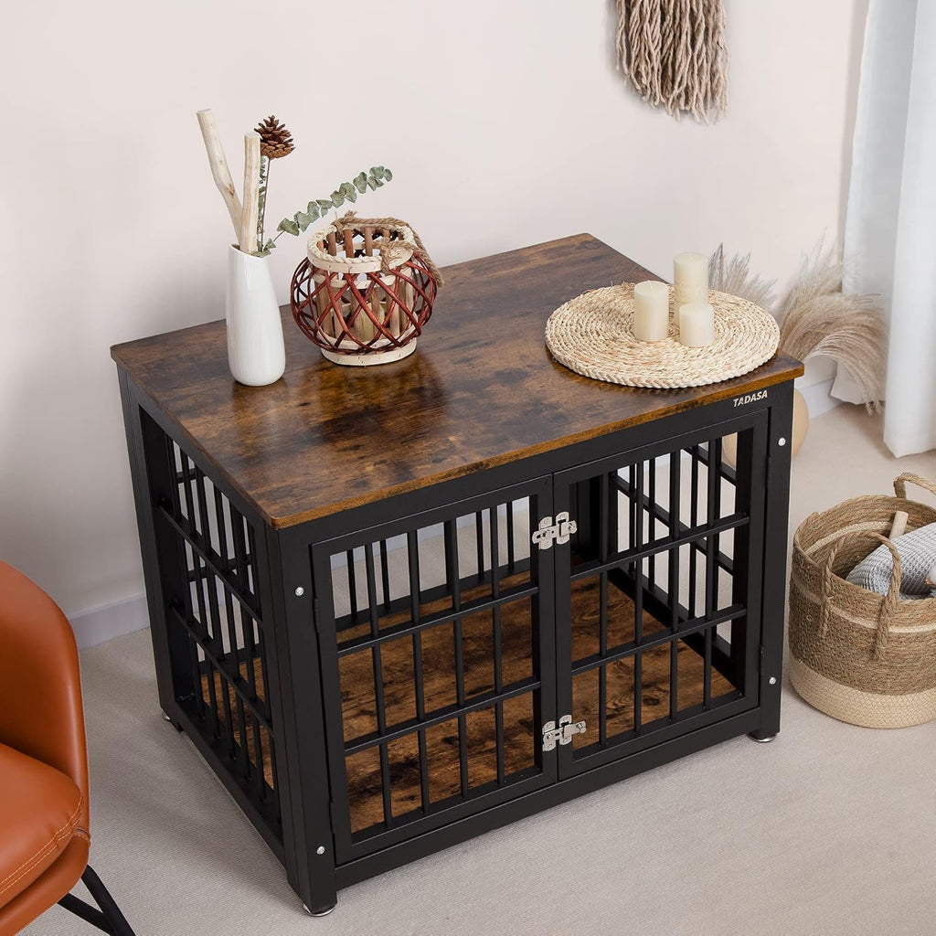 Rustic Brown and Black Wood Dog Crate with Double Doors Z4890