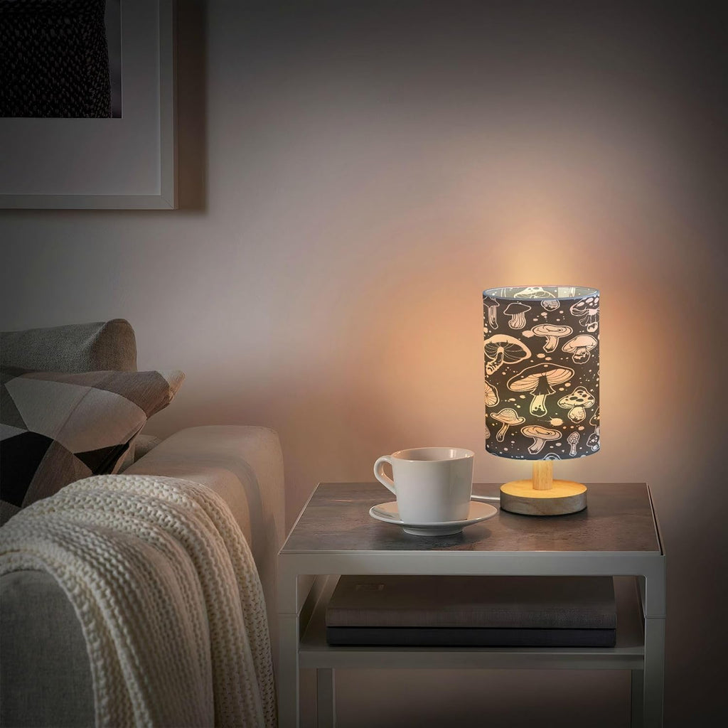 Black White Mushroom Bedside Table Lamp with USB Port Wood Base Round Flaxen Fabric Shade O3992