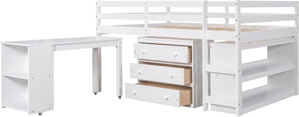 White Full Size Low Loft Bed with Cabinet Shelves and Rolling Portable Desk MDF Pine V36856