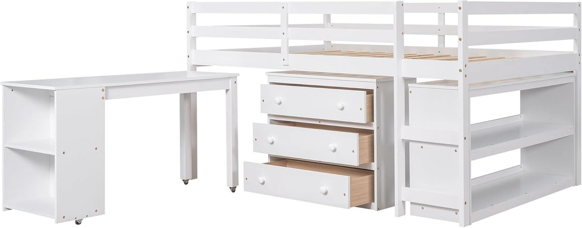 White Full Size Low Loft Bed with Cabinet Shelves and Rolling Portable Desk MDF Pine V36856