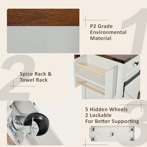 White Farmhouse Kitchen Island with Power Outlet, 2 Sliding Barn Door Storage, Drop Leaf, 3 Drawers, Rolling Cart on Wheels V55032