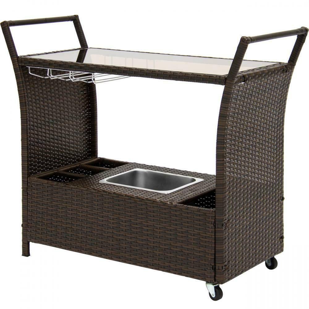 Rolling Wicker Bar Cart with Ice Bucket Y227