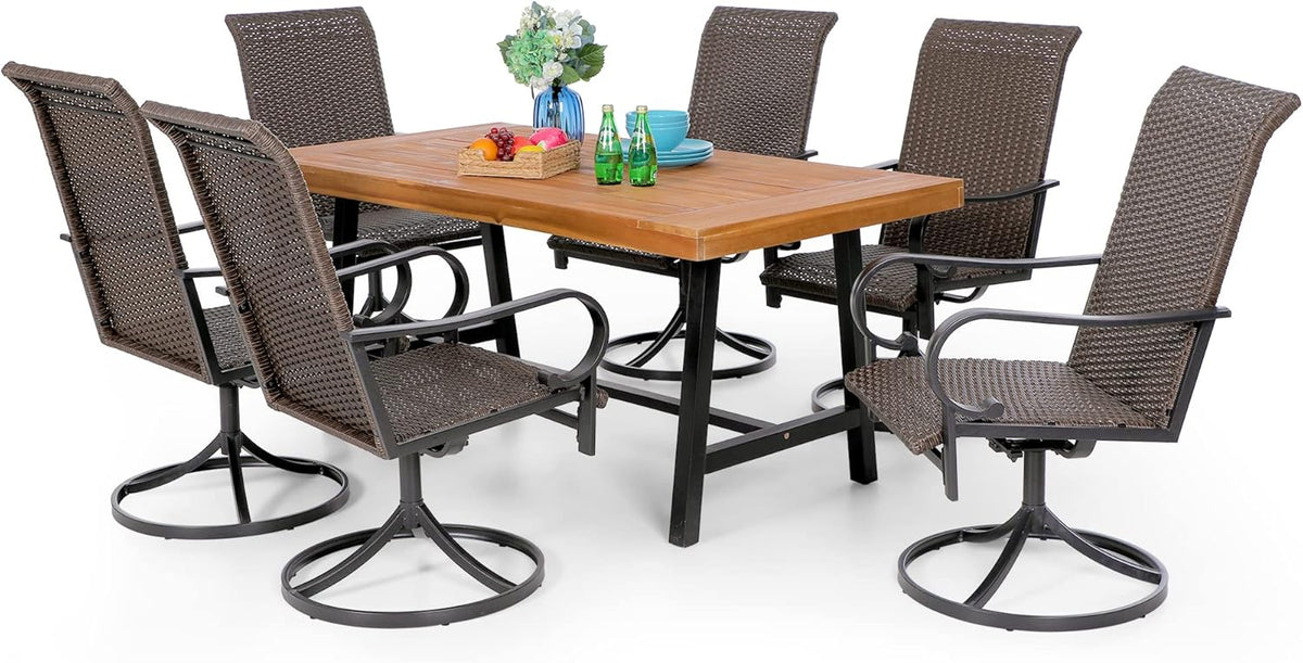 7 Piece Acacia Wood Outdoor Dining Set with 6 Swivel Rattan Chairs K659