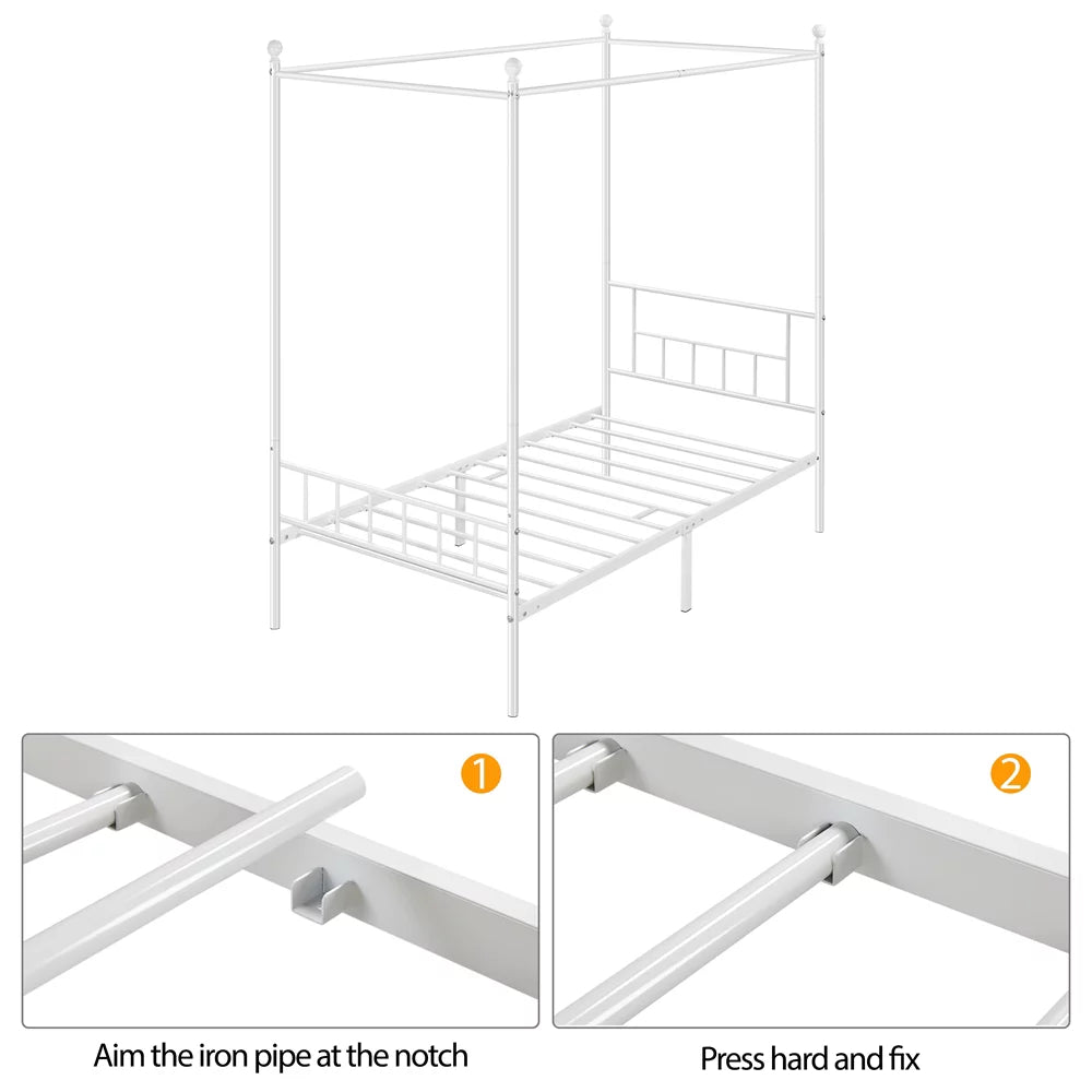 White Twin Metal Canopy Bed Frame with Headboard and Footboard L7584