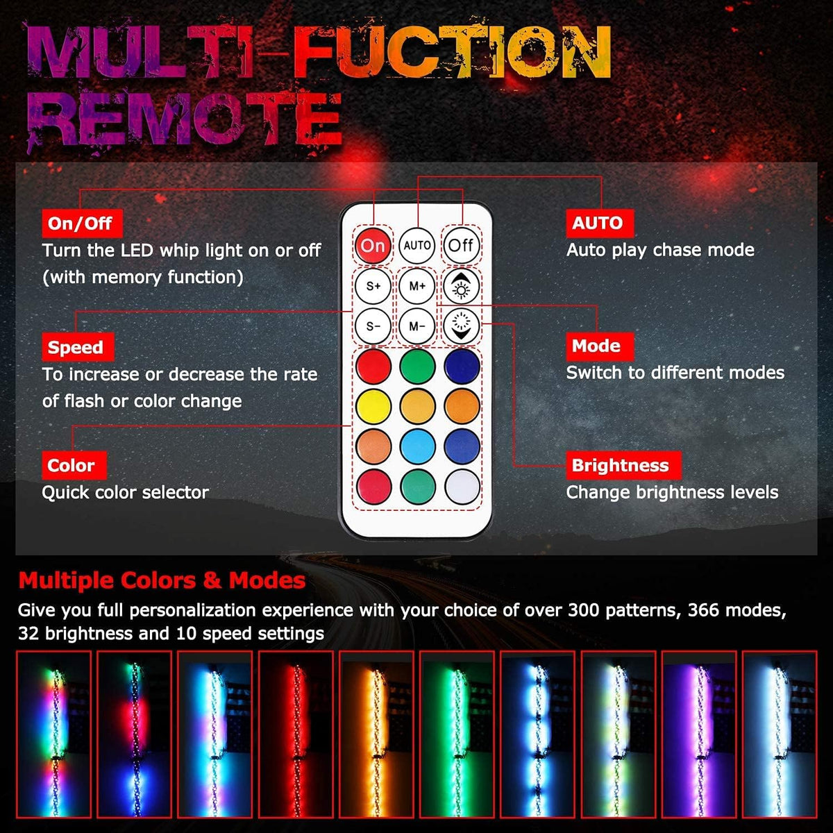 2PCS 3FT RGB LED Whip Lights with Spring Base RF Remote Controlled I648145