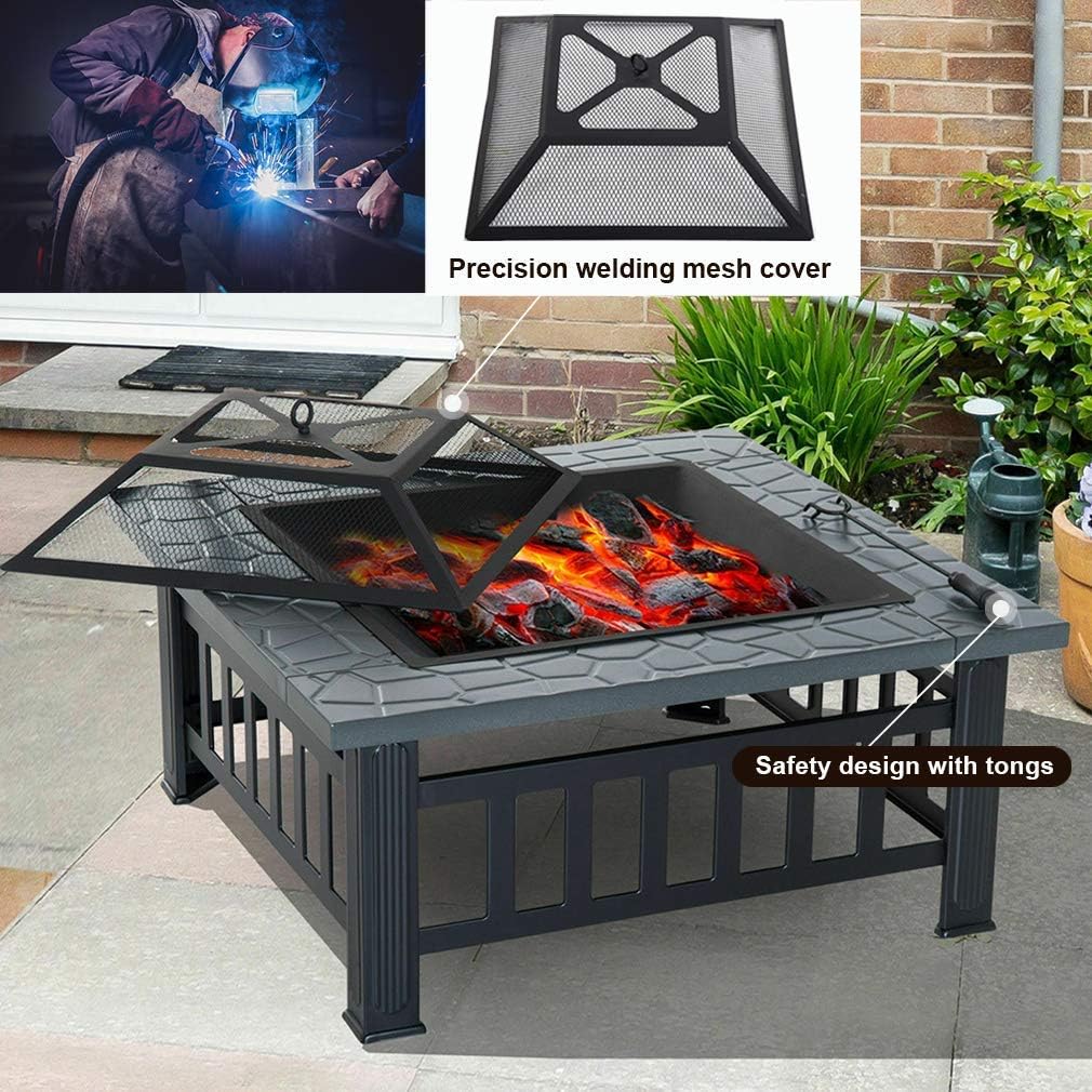32 Metal Square Wood Burning Fire Pit with Charcoal Rack H32149