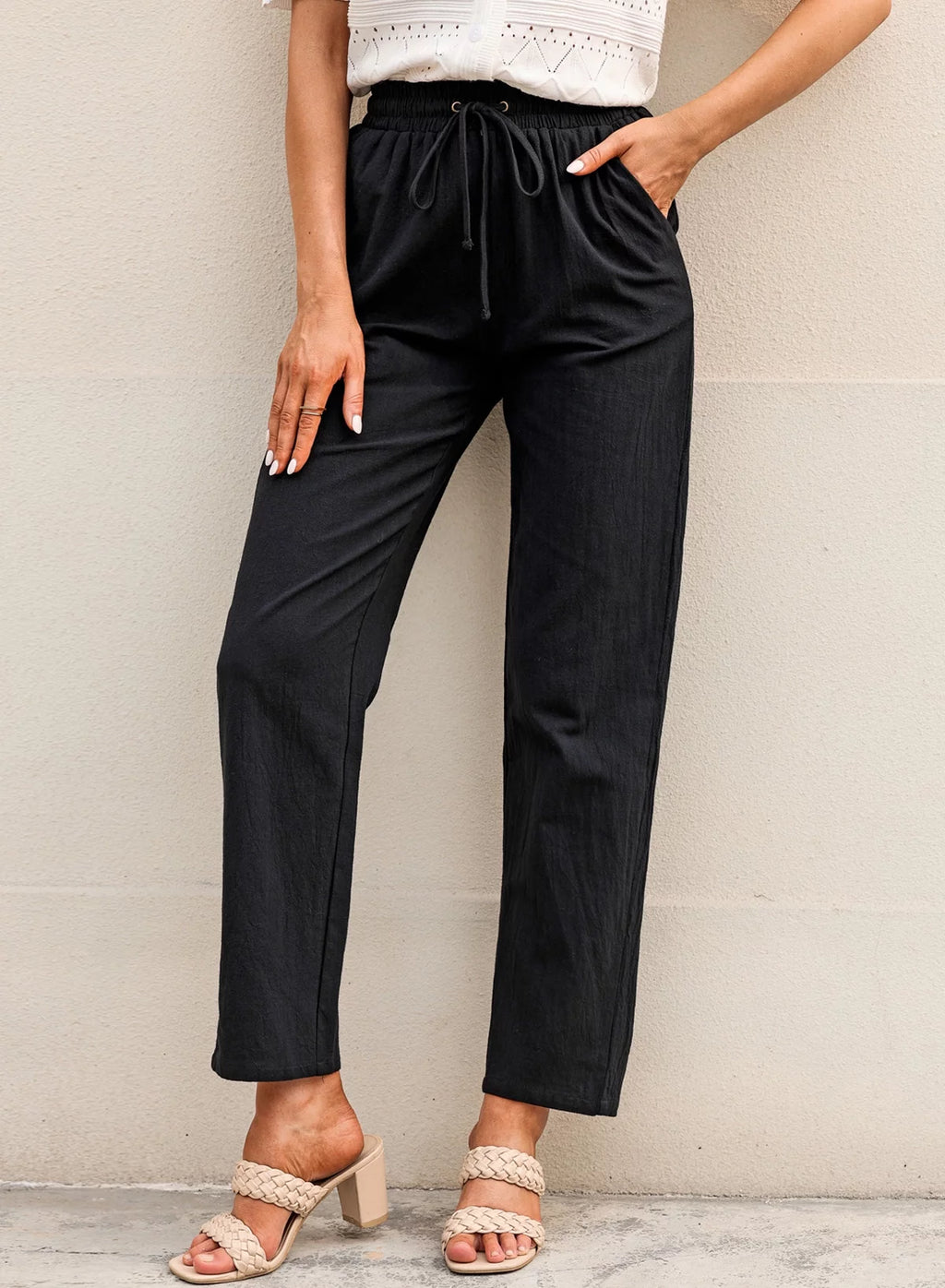 Black Linen Straight Leg Elastic Waist Pants with Pockets 2XL F9627