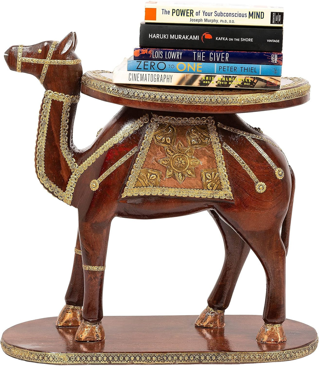Hand Carved Wooden Coffee Table with Brass Column Accents O72787
