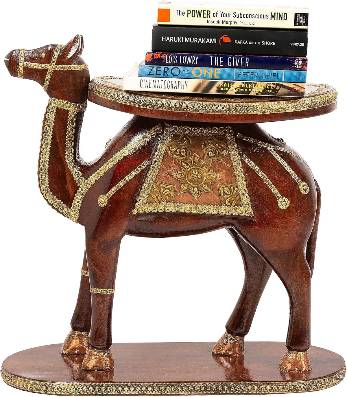 Hand Carved Wooden Coffee Table with Brass Column Accents O72787