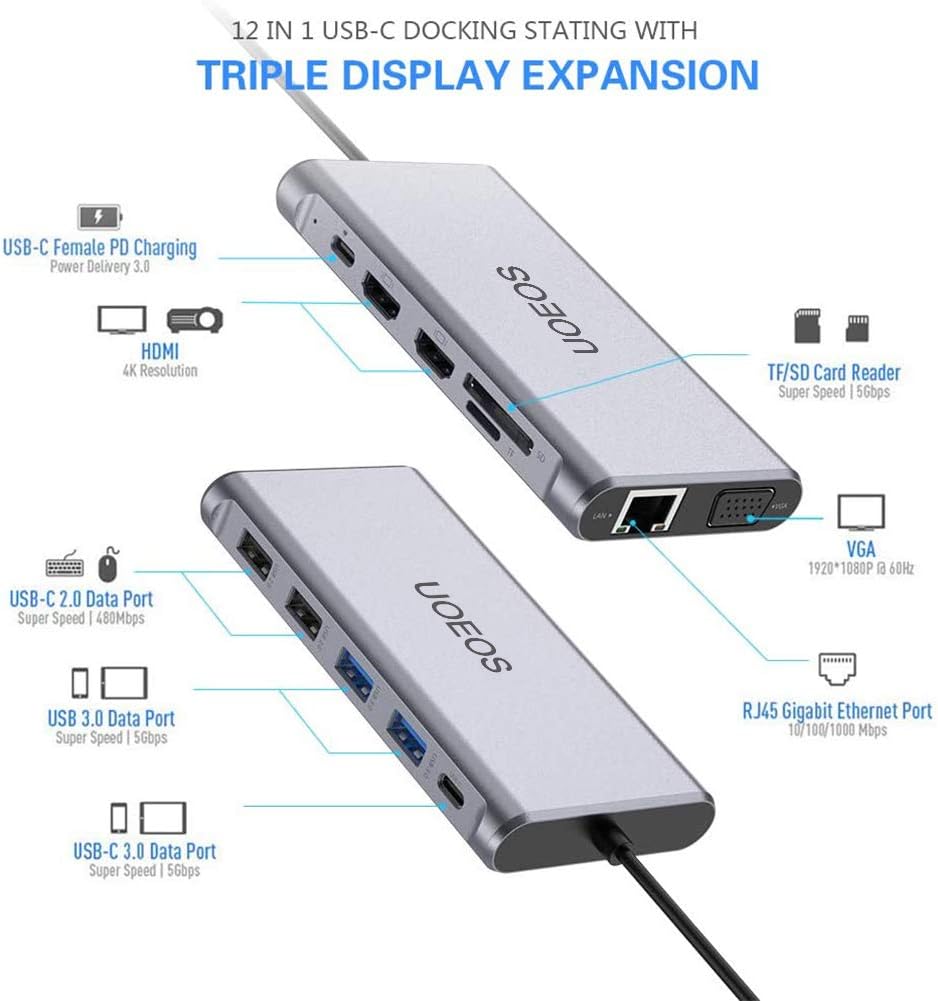 USB C Docking Station, Dual HDMI Triple Display 1080P VGA, 100W PD, Ethernet, Card Reader Y2615
