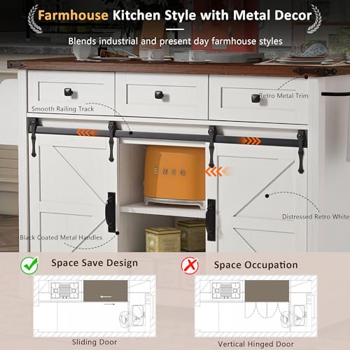 White Farmhouse Kitchen Island with Power Outlet, 2 Sliding Barn Door Storage, Drop Leaf, 3 Drawers, Rolling Cart on Wheels V55032